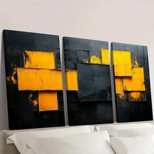 3pcs Vibrant Yellow & Black Textured BN Wall Art Canvas Framed 50x70cm