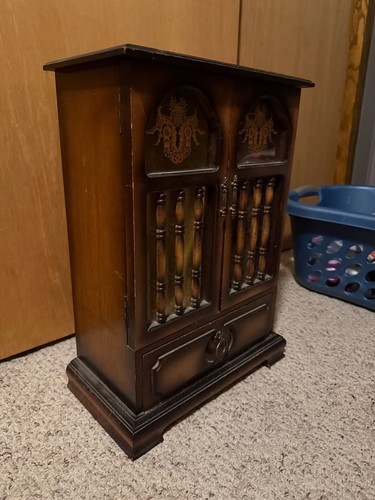 Vintage Wooden Jewelry Armoire Cabinet with Glass Doors and Drawers
