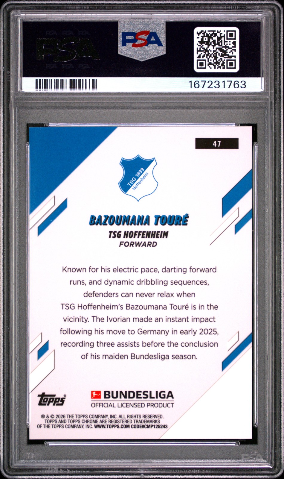 2025-2026 TOPPS CHROME SAPPHIRE EDITION BUNDESLIGA BAZOUMANA TOURE 10/50 PSA 9 view 2