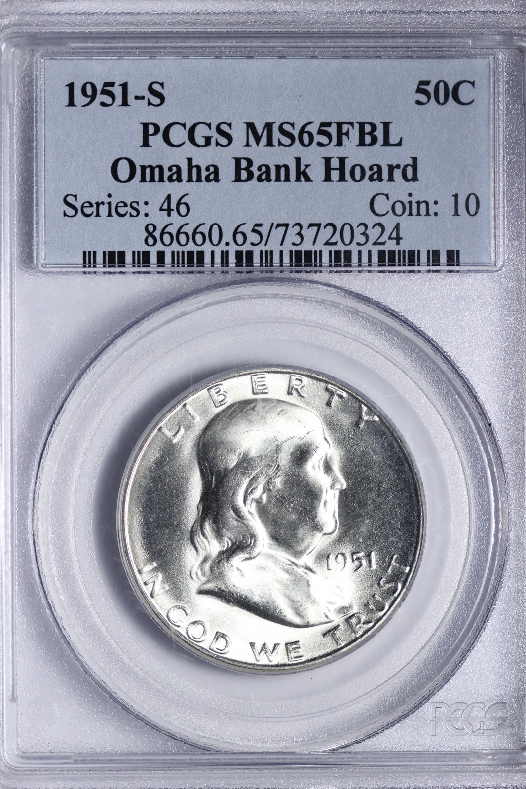 GEM BU 1951-S Franklin Half Dollar PCGS MS65FBL OMAHA BANK HOARD WXNHR