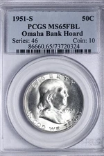 GEM BU 1951-S Franklin Half Dollar PCGS MS65FBL OMAHA BANK HOARD WXNHR