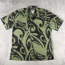 VINTAGE Blue Hawaii Green Polynesian Tribal Men&rsquo;s Medium Button Up Aloha Shirt