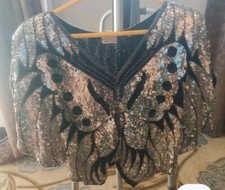 Sequin Silver Black Butterfly Slip On Medium Blouse 1980s Vintage