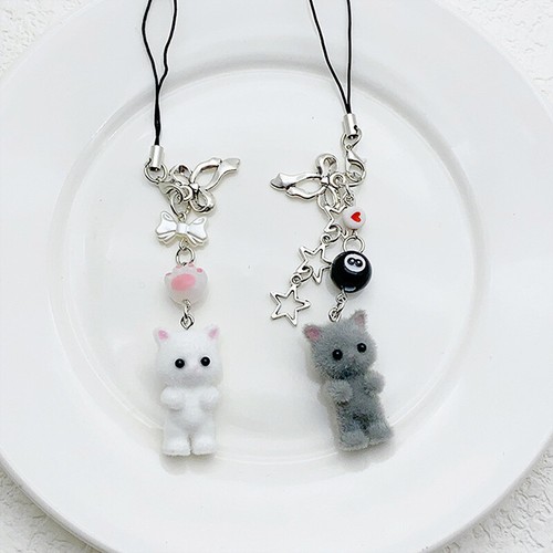 Flocking Cat Phone Chain Furry Kitten Key Chain Earphone Case Lanyard Bag Decor - 第 1/10 張圖片