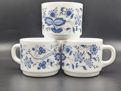 Arcopal France Honorine Blue & White Coffee Tea Mugs Cups Milk Glass Set Of 3