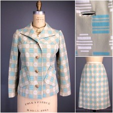 Vtg 60s Skirt Suit MOD Perfection Woven Cottony Geometric Jacket BULLOCK'S mcm