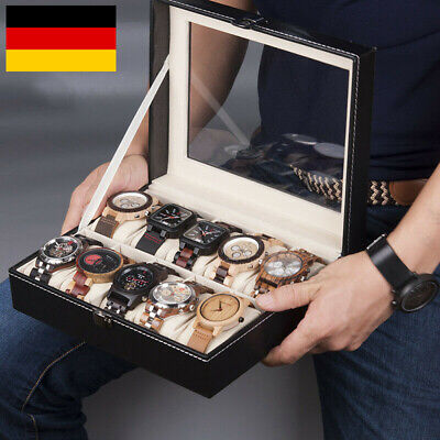 Uhrenkoffer Uhrenbox für 10 Uhren Uhrenschatulle Leder Schmuck Anzeigefeld DHL 