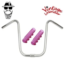 Vtg Lowrider 13" Chrome U Handlebar 25.4mm W/120mm Sparkle Pink Lowrider Grips