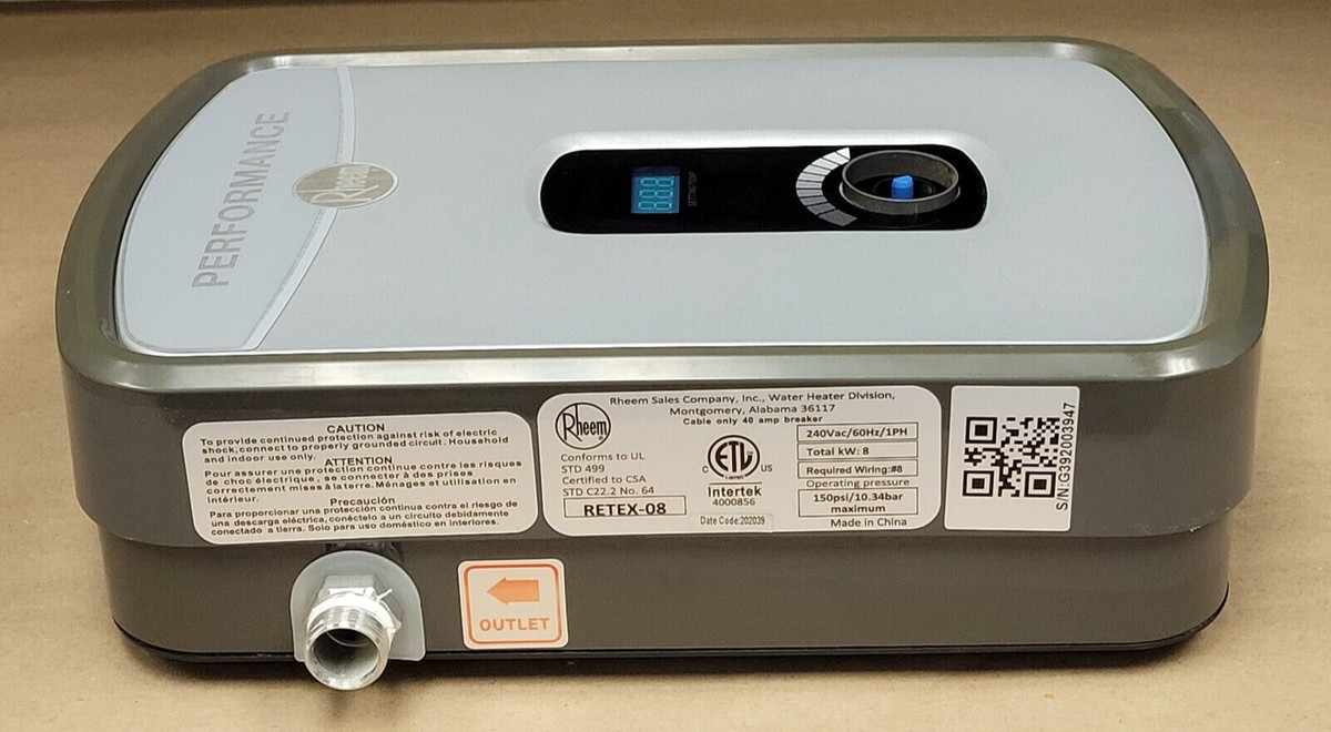 RHEEM RETEX-08 ELECTRIC TANKLESS WATER HEATER, 8KW 33AMPS 240V *MISSING  KNOB* | eBay