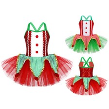 Girls Sleeveless Sequins Christmas Tutu Dress Dance Dress Elf Santa Costume
