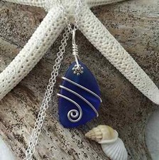 Hawaiian Jewelry Sea Glass Necklace, Wire Cobalt Blue Necklace, Sea Glass