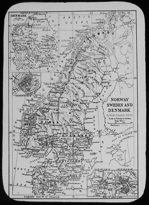 Glas Magische Laterne Dia KARTE NORWEGEN SCHWEDEN & DÄNEMARK UM 1910 ZEICHNUNG 