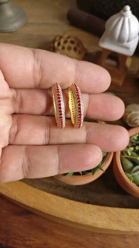 2Ct Round Cut Lab-Created Red Ruby Huggie Hoop Earrings 14K Yellow Gold Plated - Picture 5 of 7