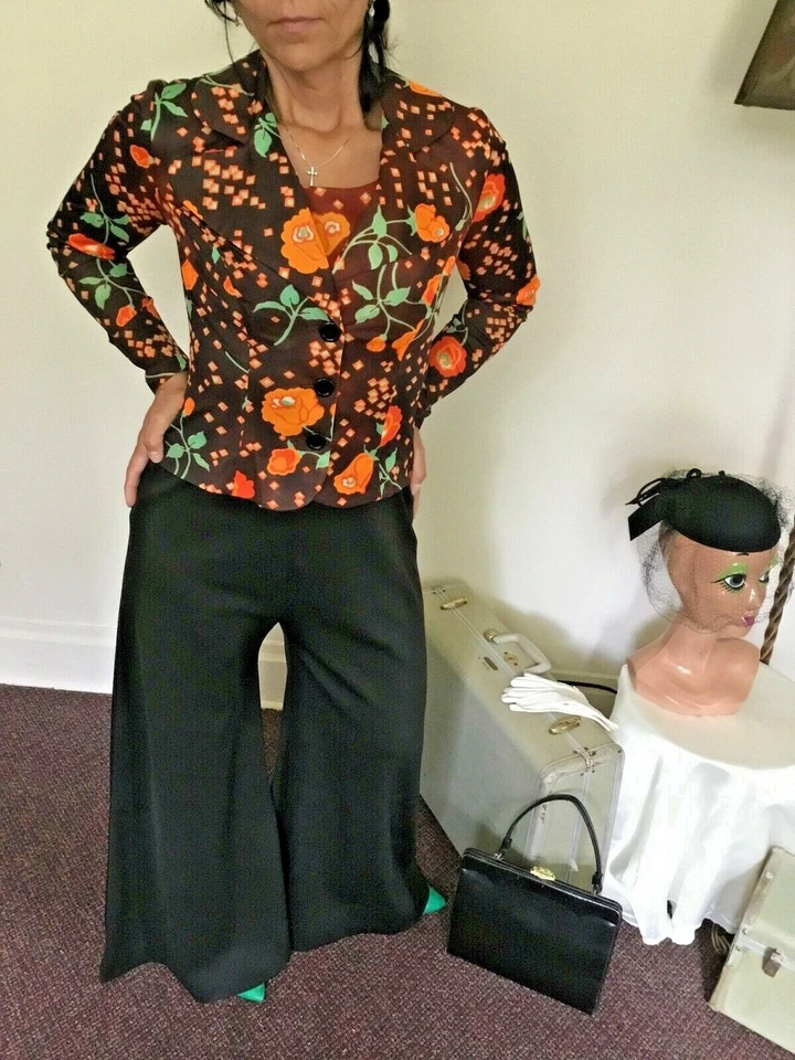 Conjunto Chaqueta Mono Palazzo Psicodélico Floral Hippie Naranja Negro Años 70 Vintage Foto 2 de 4