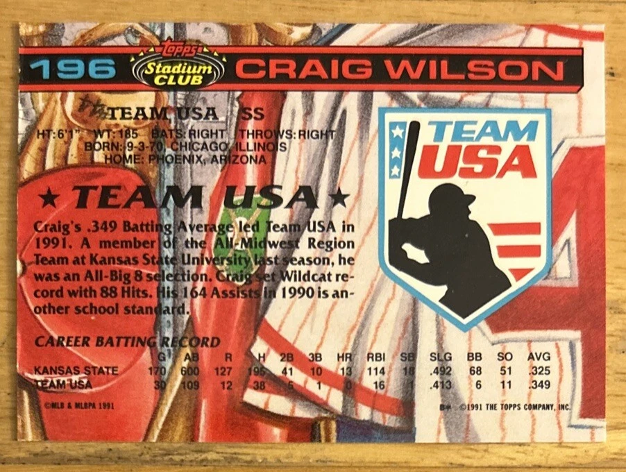 Tarjeta de novato 1992 Topps Stadium Club Team EE. UU. Craig Wilson RC #196 esquinas dobladas Foto 2 de 2
