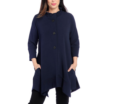 NEW Paula Deen Knit 3/4 Sleeve Ruffled Collar Button Front Jacket Navy or Red