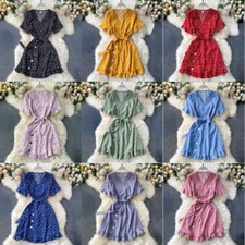 V-neck Dress Mini Chiffon Ruffle Heart Short Sleeve Zip Button with Belt