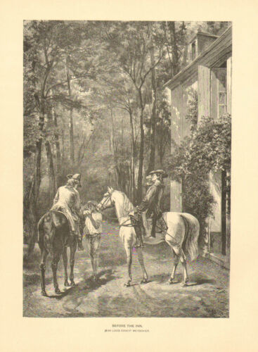 Horses, Traveling, Refreshments At The Inn, Vintage 1888 Antique Art Print, - Afbeelding 1 van 1