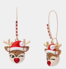 BETSEY JOHNSON  Santa Baby Winking Reindeer Embellished Dangle Earrings NEW $58