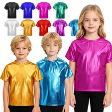 Girls Boy Shiny Dance Tops Glitter Sparkle Disco Party Clubwear Tee Shirt Blouse