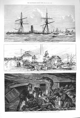 Alter antiker Druck 1875 Schiffswrack Deutschland Swaithe Zeche Barnsley 19.