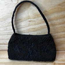 La Regale Vintage Black Beaded Evening Bag Cocktail Clutch Purse Floral Elegant