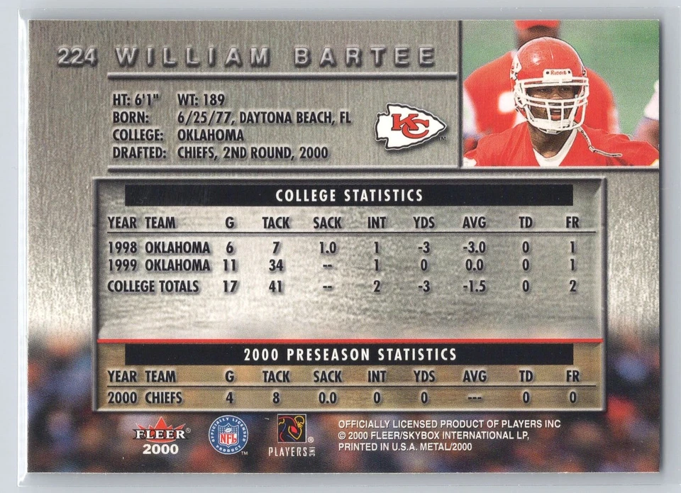 2000 Metal #224 William Bartee - RC Rookie - Chiefs - Image 2 of 2
