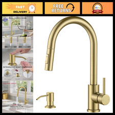 Pull Down Kitchen Faucet with Soap Dispenser, Brushed Gold Finish, Modern Design