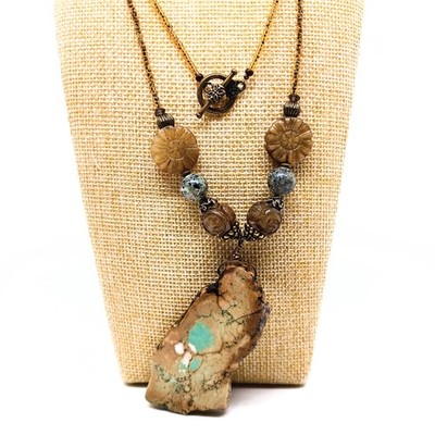 Women's Jasper stone Slab Seed Beaded Necklace Freeform Amulet Pendant Earth