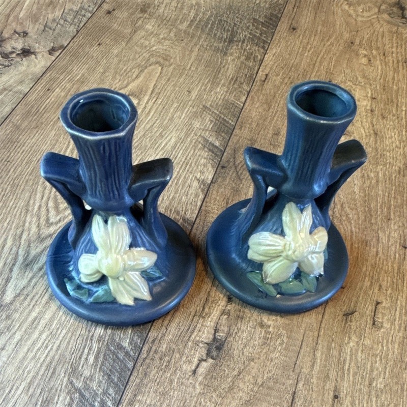 Roseville Pair Ceramic Floral Candle Holders Signed 1159-4 1/2 Blue/White