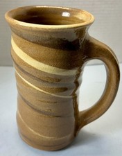 Signed Art Pottery Ceramic Coffee Tea Mug Tall Swirl Tan Brown Stein 25oz studio