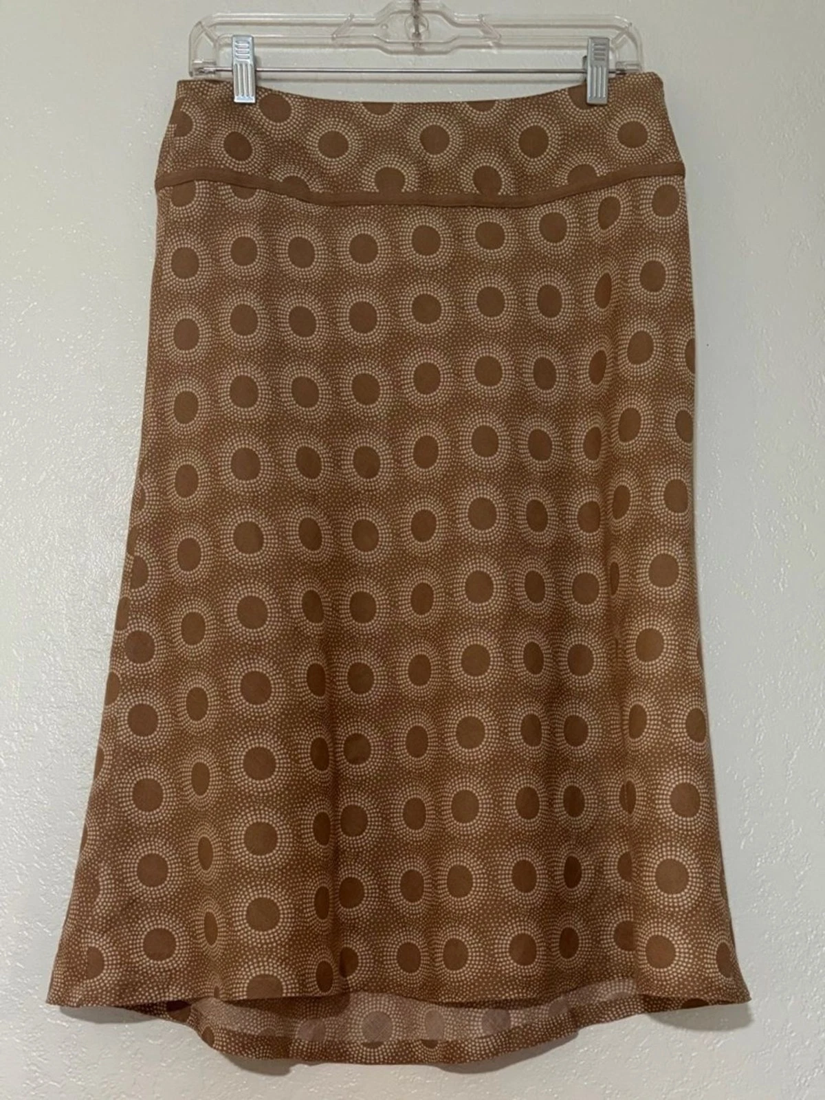 Boden 100% Linen Tan Cream Printed Midi Skirt A Line Bias Cut Size 8