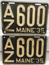 1935 Maine License Plate Pair Plates AZ 600
