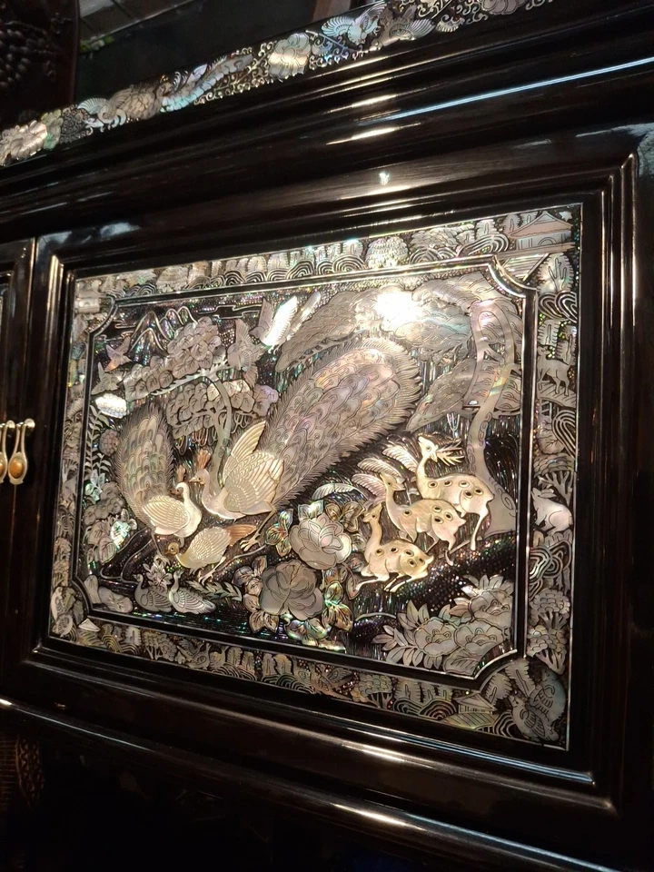 Korean Black Lacquer Mother of Pearl Large Cabinet Wall Unit - Image 3 of 4