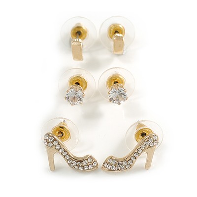 3 Paar Set Schuh/Haken/runde Kristall Ohrstecker in goldfarben