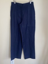 Zara M Navy Blue 100 Linen Pants Trousers Wide Leg High Waist NWT
