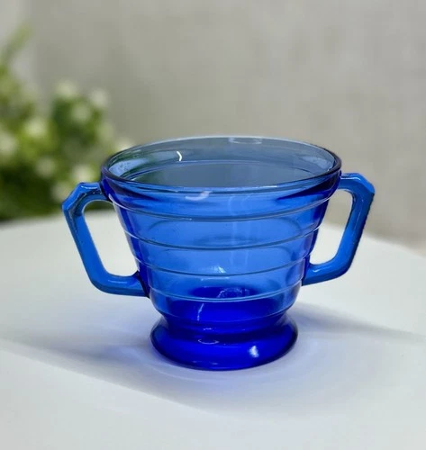 Cobalt Blue Vintage Hazel-Atlas Depression Glass Open Sugar Bowl EUC