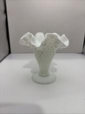 Vintage Fenton White Milk Glass Hobnail Ruffled Trumpet Small Vase 5 1/2"