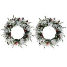 2Pcs 18 in Pre-lit Snow Flocked Christmas Wreath with 60 Warm Lights  140 Tips