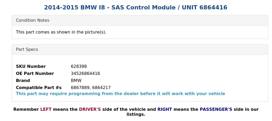 2014-2015 BMW I8 - SAS Control Module / UNIT 6864416