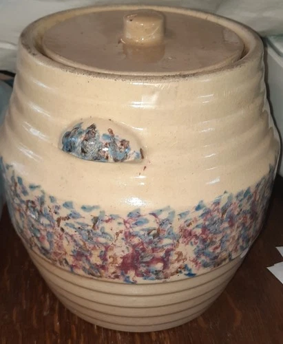 Vintage Red Wing Pottery 8.25" Spongeware Barrel Cookie Jar W/ Lid