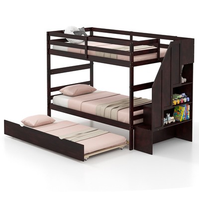 Topbuy Twin over Twin Wooden Bunk Bed w/ Trundle Storage Stairs Convertible
