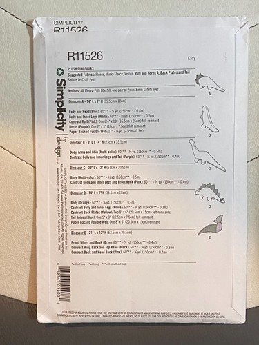 Simplicity R11526 Plush Dinosaurs Assorted Styles & Sizes NEW Uncut - Picture 2 of 2