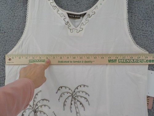 RAYASUN DRESS SZ M OFFWHITE SLEEVELESS TANK LINEN-LIKE SEQUIN PALM TREES BACKTIE - Picture 3 of 17