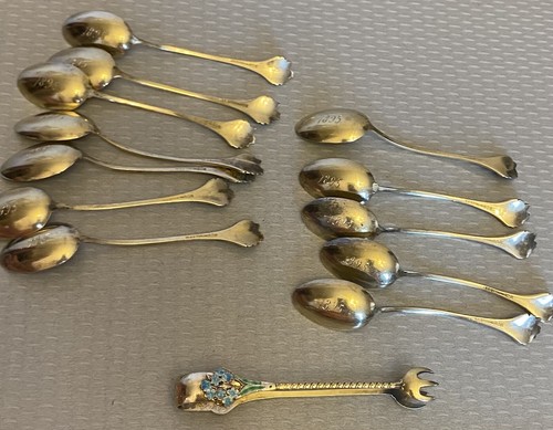 antique Gorham Foget Me Not Enamel Sterling Vermeil 808 Demi Spoon Tong Set 13P - Picture 4 of 9