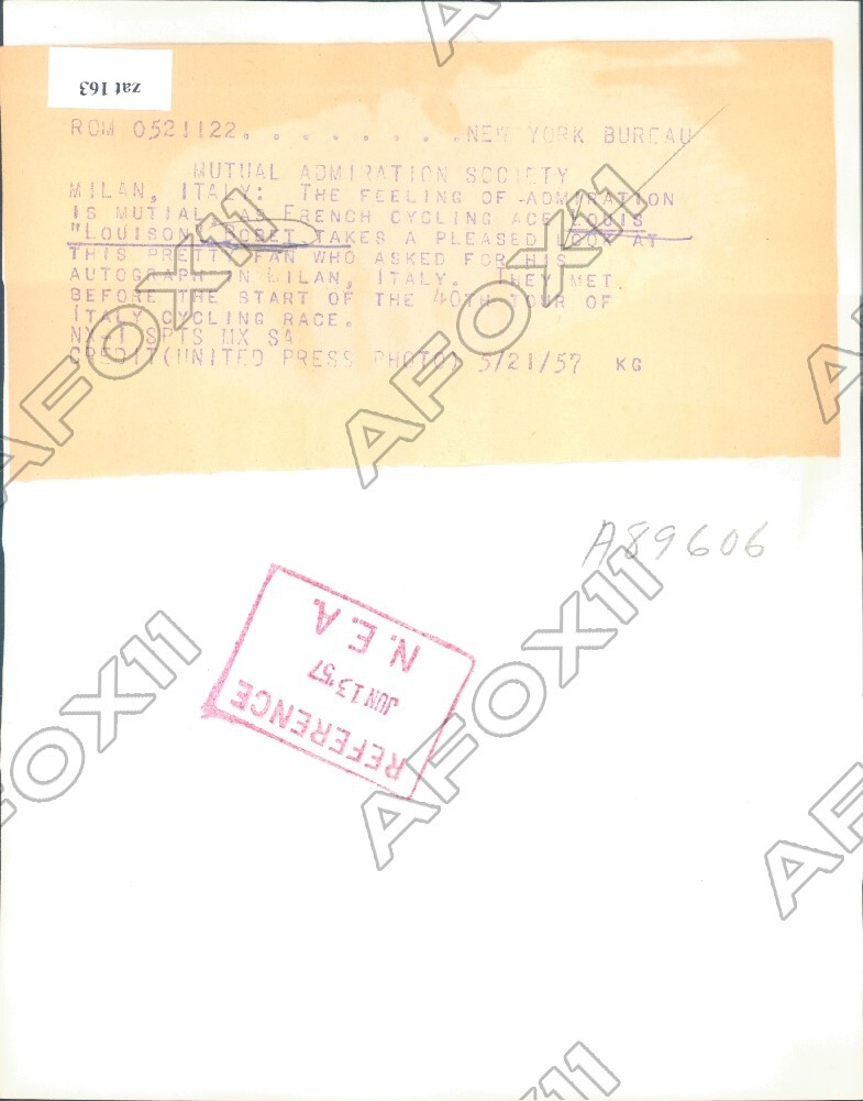 1957 French Road Racing Cyclist Louis Bobet Meets Fan in Italy Press Photo