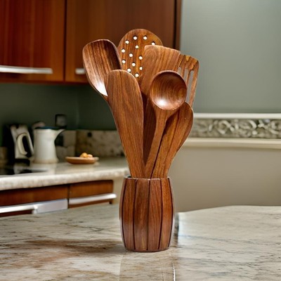 7 Pieces/Set Teak Tableware Spoons Cook Spoons Set Natural Wooden Kitchen Tool