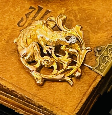 SUPERB ART NOUVEAU FRENCH DRAGON CUT ROSE DIAMOND GOLD FIX BROOCH