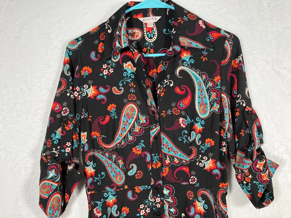 Vestido Camisa NANETTE LEPORE Preto Paisley Tamanho 2 Ajuste e Flare Rolo Aba Trabalho Escritório - Imagem 3 de 4