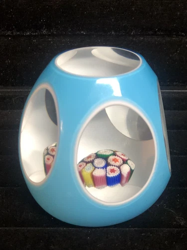 Vtg Murano Millefiori Glass Faceted Overlay 5 window paperweight Turquoise￼
